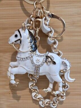 Glam White Enamel Prancing Horse Keychain & Braided Chain Bag Charm 🐎